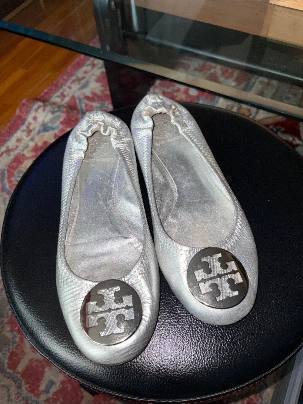Tory Burch Metallic Silver Logo Ballet Flats
